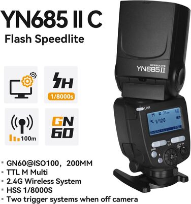 Спалаху Yongnuo YN685II: ЕTTL, HSS, 2.4G Wireless, GN60 для Canon 5DIII, 6DII, 800D, 77D, 7D2, T4i, T3i, 1300D, 70D