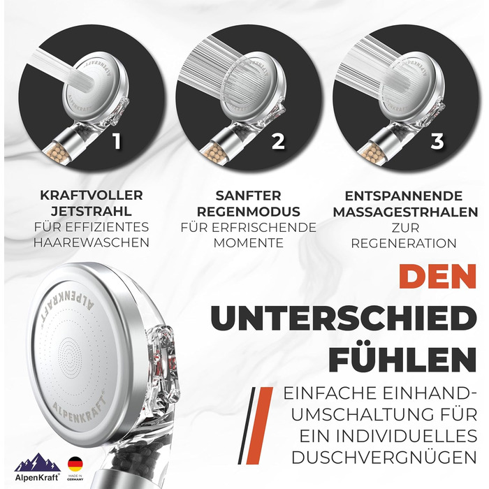 ALPENKRAFT Zugspitze Showerhead Original Made in Germany - Water-saving and pressure-enhancing showerhead - High-pressure showerhead with activated carbon and zeolite filter beads