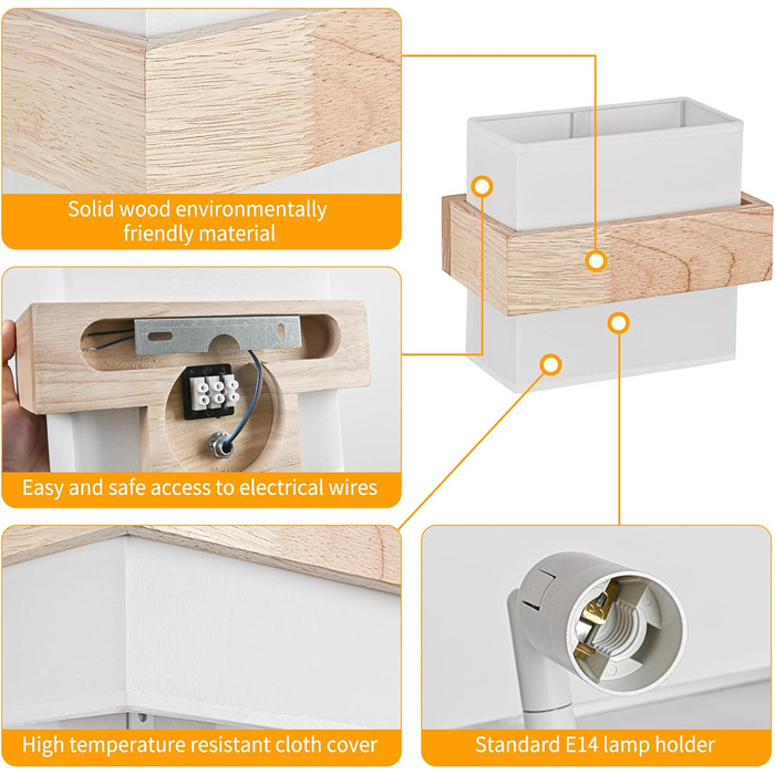 Настінний світильник Gleonlux Wandleuchte Holz, Внутрішнє освітлення в стилі ретро, Boho, Industrial, для дому, сходи, вітальня, спальня, коридор, матеріал: дерево, тканина, цоколь E14, розмір 22.5x13x20 см