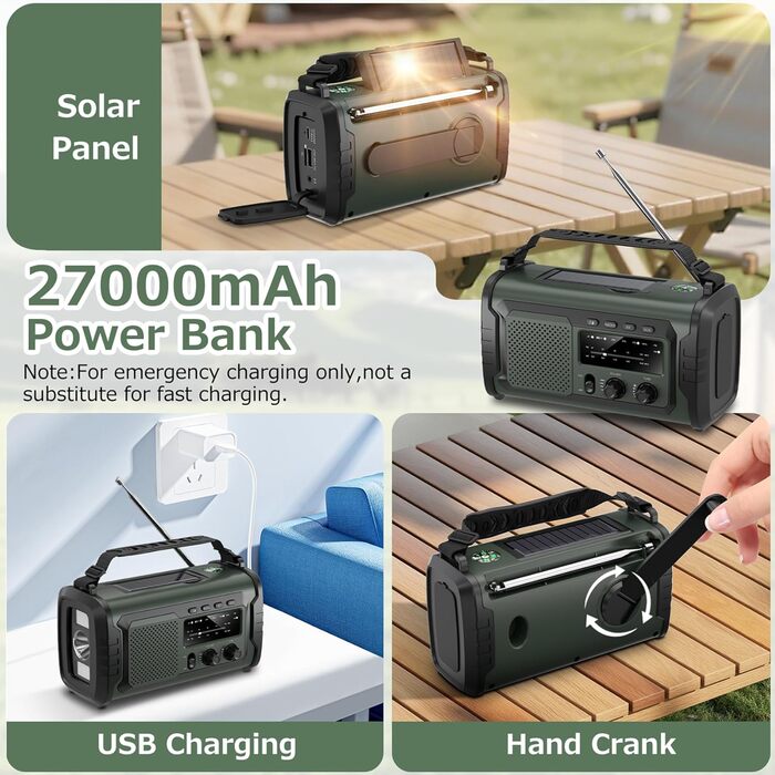 Радіо на сонячній батареї та ручному заводі Kurbelradio 27000mAh з SOS, Bluetooth, Powerbank, ліхтариком для кемпінгу та екстрених ситуацій (Зелений)