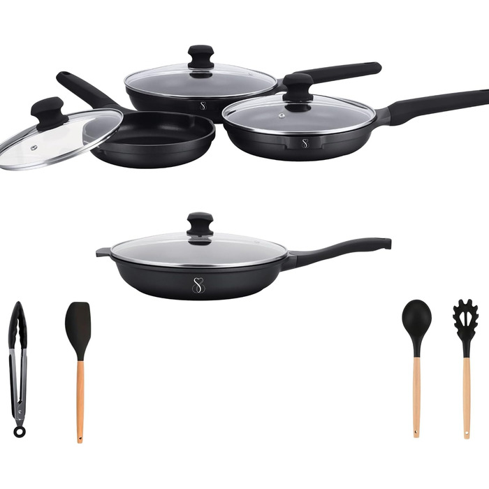 Набір сковорідок Stone&Stone (4 шт.) 20-24-28-32 см | Антипригарне покриття, для індукції та газу | Професійні сковороди з німецьким покриттям + 4 кришки, 4 аксесуари, без PFAS