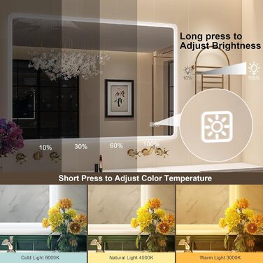 Дзеркало для ванної кімнати STARLEAD з підсвічуванням 80x60 см, регулювання яскравості, 3 колірні температури (3000K-6500K), протитуманне покриття, функція пам'яті, LED дзеркало для ванної кімнати IP44, HD скло, горизонтальне/вертикальне встановлення, M30