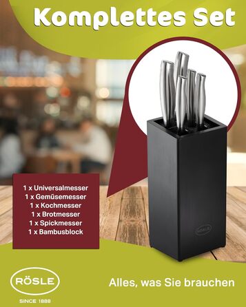 Набір кухонних ножів Rösle Cuisine 7 предметів: дерев'яний блок з бамбука, 5 ножів зі сталі, ножиці, захист пальців