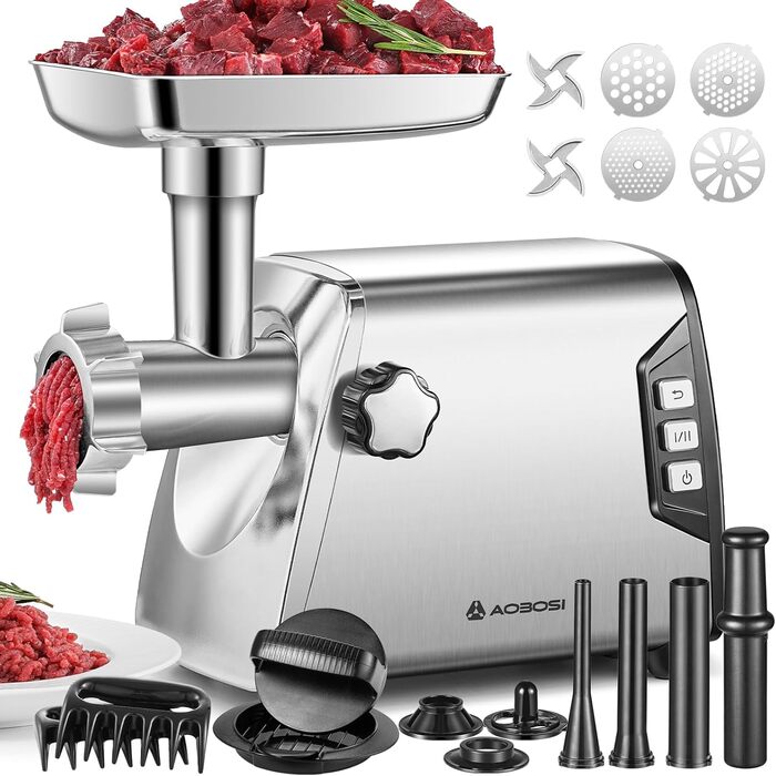 AAOBOSI #12 Electric Meat Grinder - 3000W Heavy Duty with 2 Blades, 4 Plates, 3 Sausage Stuffers, Kibbeh Kit, Meat Clamp, Burger Press