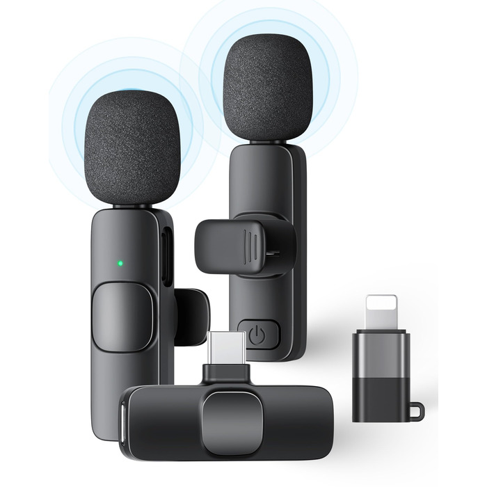 Бездротові петличні мікрофони 2 шт. для iPhone/iPad/Android, з шумозаглушенням, Plug-and-Play, для відео, подкастів, YouTube, TikTok, Vlog, чорний