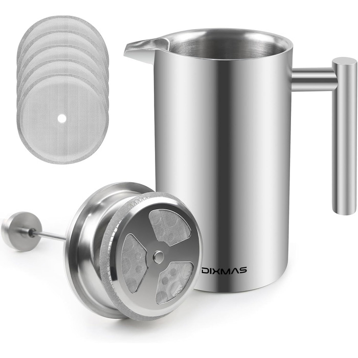 French Press 1000 ml / 8 Cups, Stainless Steel Coffee Maker, Double-Walled Insulated, Coffee Press with Replacement Filter - 1 Liter