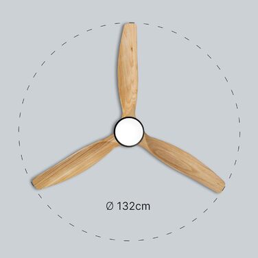 Стеляний вентилятор Ufesa, 40W, 6 швидкостей, надзвичайно тихий, 3 дерев'яних лопаті 132см, літньо-зимовий режим, таймер 8год, пульт керування, з підсвічуванням, чорний - світле дерево