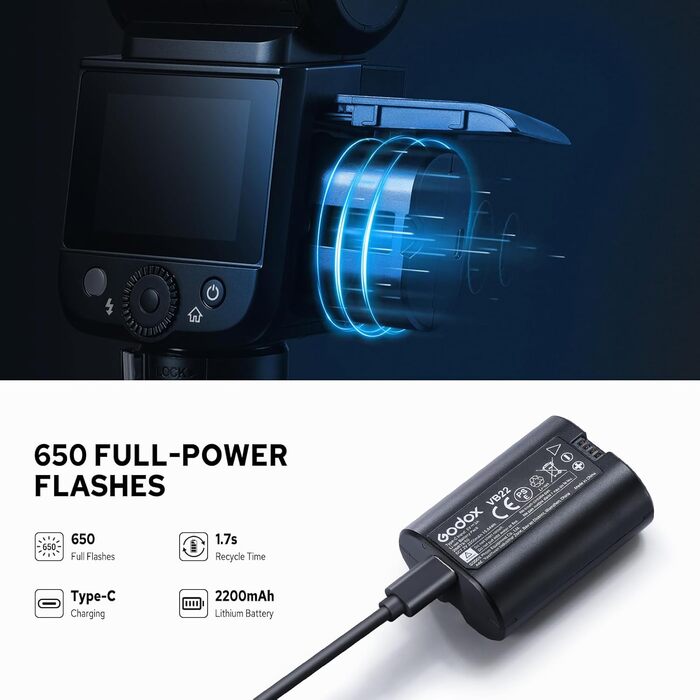 Спалах для камери Godox V480C Canon з сенсорним екраном, GN50, TTL, 2.4G Wireless, 1/8000 HSS, 650 J, 1.7s час відблиску, Li-ion акумулятор 7.2V/2200mAh
