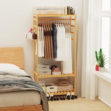 Bamboo Coat Rack, Clothes Rack with 3 Shelves and 10 Hooks, Laundry Rack with Clothes Rod, for Entryway, Living Room and Office, 80x43.5x165cm (Natural3)