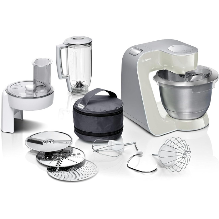 Кухонний комбайн Bosch Serie 4 MUM58L20, 1000 Вт, чаша 3,9 л, міксер 1,25 л, планетарне змішування, насадки з нержавіючої сталі, шинкувальна насадка, 3 диски, сірий/сріблястий
