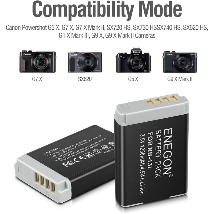 Акумулятор ENEGON NB-13L (2 шт.) + Зарядний пристрій для Canon PowerShot G5 X, G5X Mark II, SX720 HS, SX730 HS, SX740 HS
