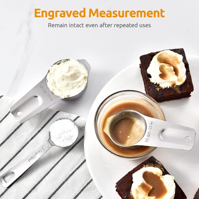 Uadme Measuring Spoon Measuring Cup Set, 7-Piece Stainless Steel Measuring Cup Set Stackable Measuring Spoons with D-Rings for Measuring Dry and Liquid Ingredients