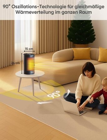 Електричний обігрівач з керамічним нагрівачем 1500W з термостатом, захистом від перегріву, перекидання та для дітей, таймером 12 год, дистанційним керуванням (Чорний, Classic)