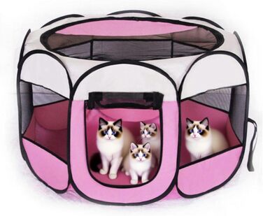 Клітка-вигул для цуценят 74x74x43 см – Розкладний вольєр для собак та котів – Клітка для кроликів та інших дрібних тварин – Безпечний вольєр для дому та вулиці (Бежевий + Рожевий)