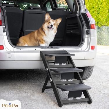 Сходинки для собак на ліжко та диван 2-в-1 - регульована рамка для собак, 18-50 см - для маленьких собак - легкі сходинки з платформою, натуральне дерево (чорний)