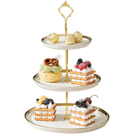 Керамічний підставка для тістечок з 3 ярусами, золоті акценти, для фруктів, десертів та декору столу (біла)