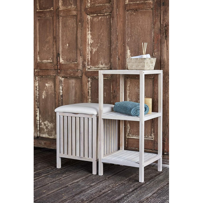 WENKO Badhocker Norway with Laundry Hamper, Storage Ottoman with Padded and Flip-Up Seat as Lid, Solid Walnut Wood, Oiled, Capacity 65 L, (W x H x D): 39 x 52 x 39 cm, Natural (White)