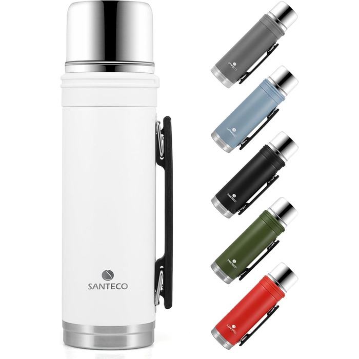 SANTECO 1L Stainless Steel Thermos Flask with Cup - Insulated Leakproof Travel Thermos for Hot & Cold Drinks - BPA Free