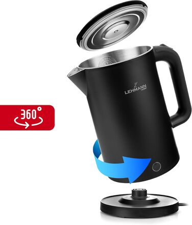 Електричний чайник LEHMANN з нержавіючої сталі 1,7л, 2200W, швидкий нагрів, подвійні стінки, автовимкнення та захист від перегріву, BPA-free, для дитячого харчування, чаю та кави, чорний
