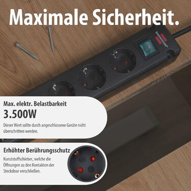 Смуга розеток Brennenstuhl Bremounta 5-fach з USB-C та вимикачем, чорна (для монтажу на стіну, 2x USB-C, 3м кабель)