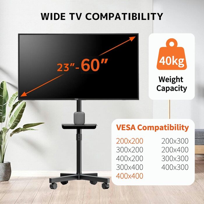 Підставка для телевізора на колесах для 23-60 дюймів - регульована по висоті, мобільна, з полицею для медіа, для офісу, вітальні, геймінгу, витримує до 40 кг, VESA до 400x400 мм, чорна