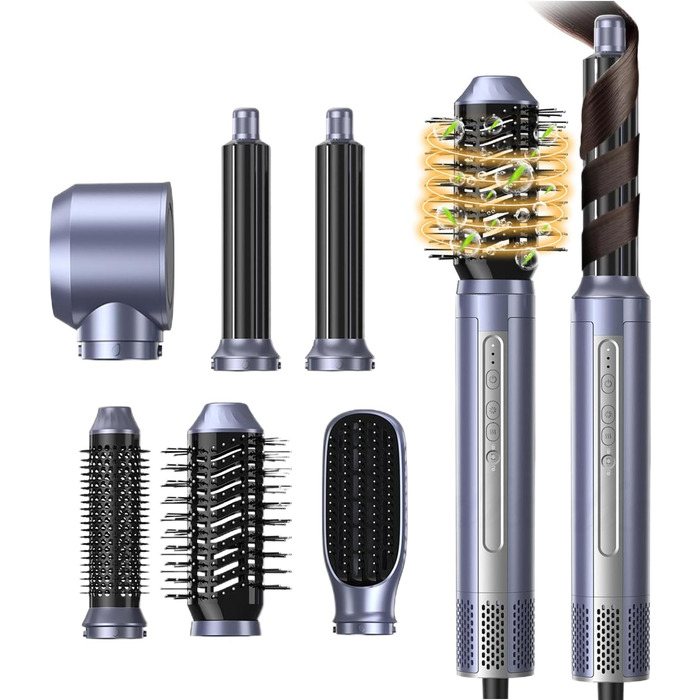 Набір для укладки волосся 6 в 1: фен-щітка, плойка, іонізація, холодний/теплий режим, 110000 обертів/хв, тиха срібна модель