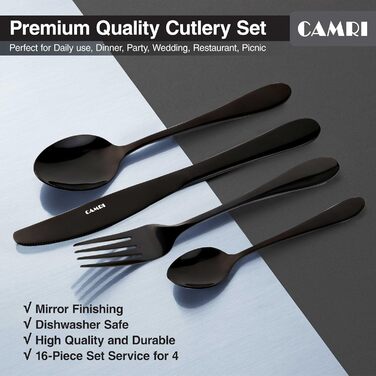 Набір столових приборів CAMRI – 16 предметів з нержавіючої сталі, столовий набір, ножі, виделки, ложки, набір для 4 осіб, придатний для миття в посудомийній машині, чорний матовий/дзеркальний дизайн