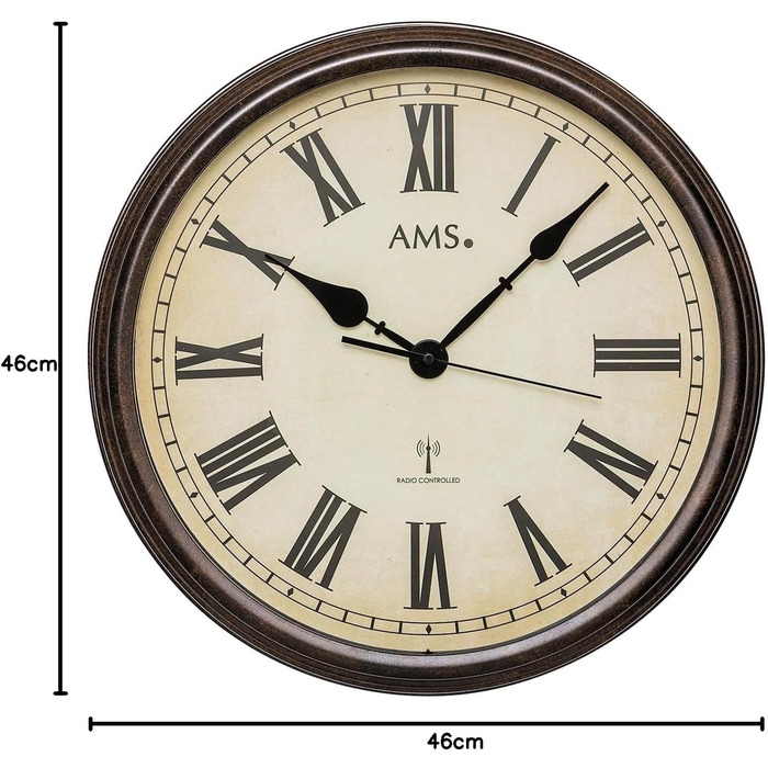 AMS Funk Wall Clock Villach 5977, Vintage, antique metal case, large, for living room, bedroom, with mineral glass
