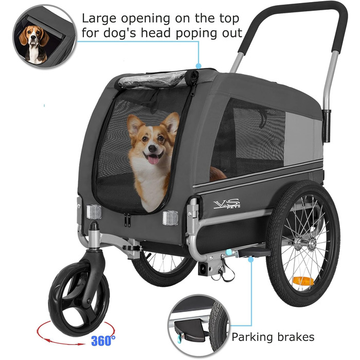 Універсальний візок для собак Tiggo VS Pets 2в1: візок та велосипедний причіп, сірий