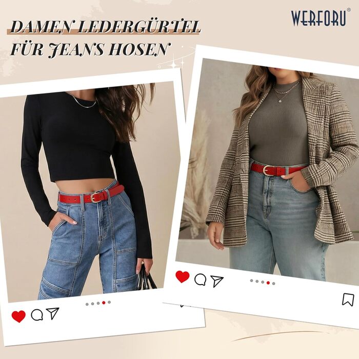 Жіночий шкіряний ремінь WERFORU для джинсів, спідниць та суконь з золотою пряжкою, червоний, довжина 110 см (85-97 см талія)