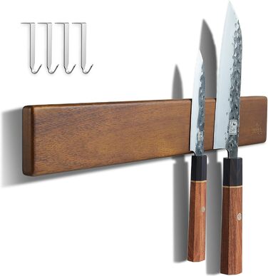 ENOKING Magnetic Knife Rail 40 cm, Magnetic Knife Block without Knives, Magnetic Knife Holder made of Acacia Wood with 4 Hooks