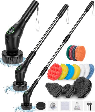 WADEO Electric Cleaning Brush, 17-in-1 Electric Cleaning Brush with Replaceable Brush Heads and Adjustable Handle, Electric Scrub Brush for Bathroom, Kitchen, Car, Tiles, Floor (Black)
