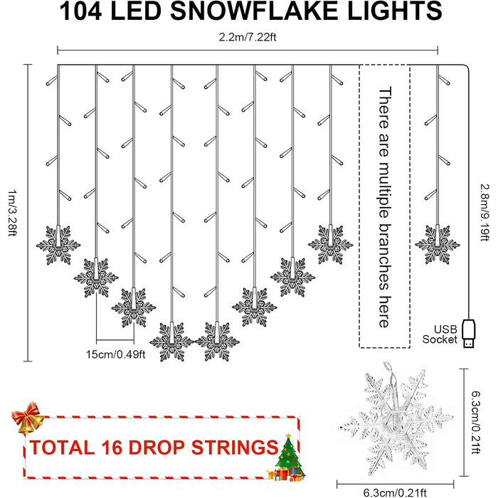 Ланцюжок LED-ліхтарів 2x2м, 200 LED, USB, тепле біле світло, для декору стін, кімнат, вечірок, весіль, Рамадан, Різдво (сніжинки)