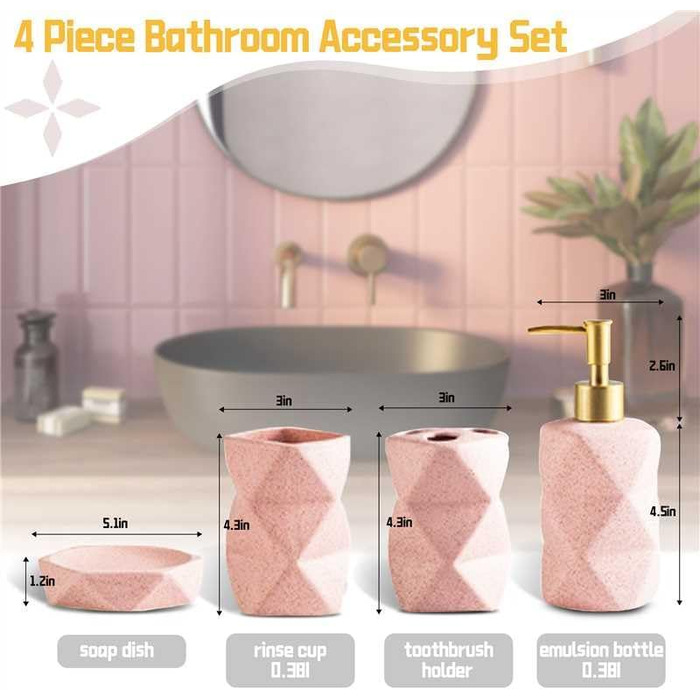 Bathroom Accessories Set, including soap dispenser, toothbrush holder, cup, soap dish, modern, elegant, bathroom organizer, ceramic bathroom decor set (Pink)