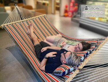 Гамак GOCAN подвійний 220x150 см, червоно-синій, бавовна, для саду, балкону, дітей, з розпірками, вантажність 300 кг