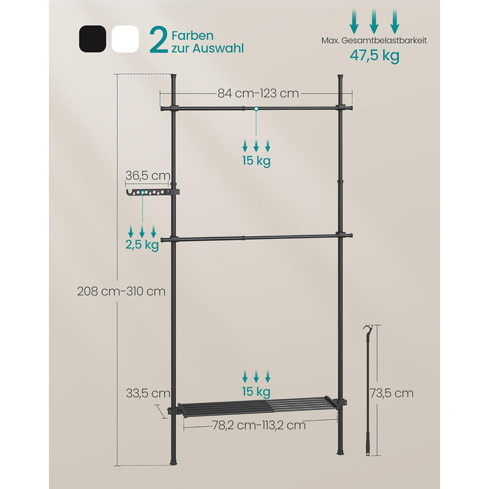 SONGMICS Telescopic Rod Clothes Rack, 3-Tier Wardrobe, Height and Width Adjustable, Open Closet with 2 Clothes Rods and Removable Shelf, Gripper Arm, Matte Black HSR136B01