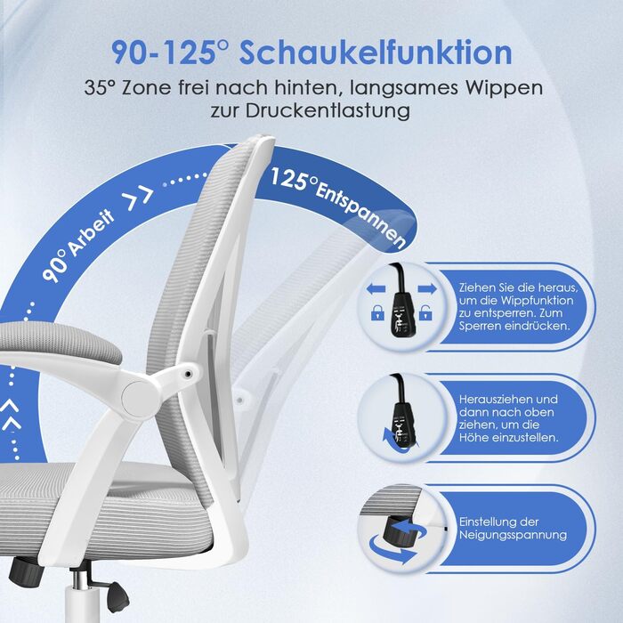 Офісний крісло Hinode з підйомними підлокітниками та функцією гойдання, 360° обертання, регульована висота, ергономічне крісло для дому та офісу з дихаючою сіткою, до 150 кг (Сірий, Стиль 1)