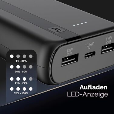 Power Bank Cellularline 20000 mAh з USB-C та 2x USB-A, Чорний – Зовнішній акумулятор для швидкої зарядки