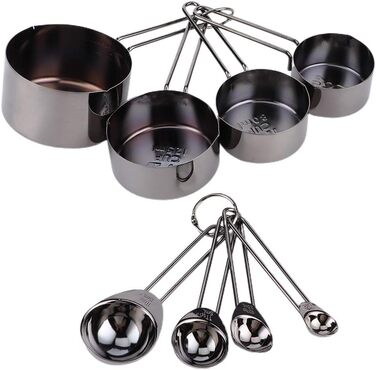 8-Piece Measuring Cup and Spoon Set, Measuring Spoons and Cups Made of Food-Grade Stainless Steel with Scale, Small Measuring Cups with Angled Spout (338g - Black)