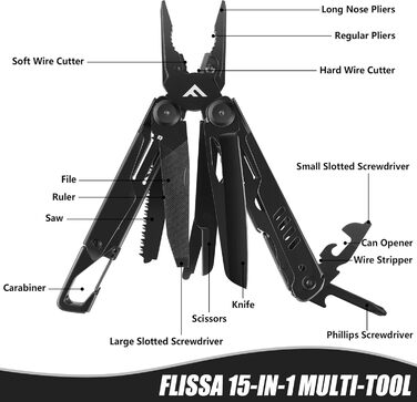 Мультитул FLISSA 15-в-1: ніж, пилка, ножиці, мультиінструмент для туризму, риболовлі та ремонту, з карабіном та чохлом, нержавіюча сталь