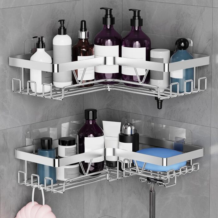 Полиця для душу YIGII без свердління, 3 шт. з нержавіючої сталі, органайзер для ванної кімнати, велика місткість, самоклеюча з мильничкою та 4 гачками, тримач для шампуню, сріблястий (2 шт.)