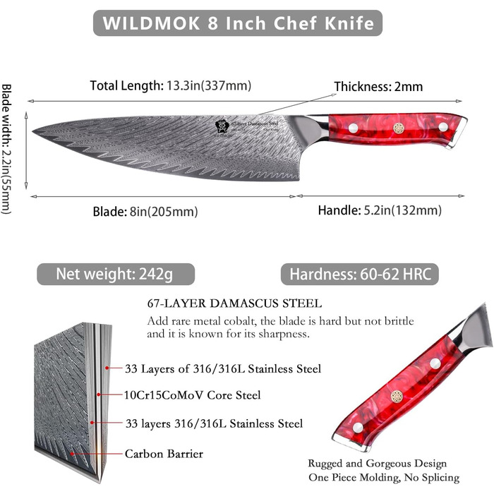 Японський ніж WILDMOK Santoku 20см з дамаської сталі, VG10, ручка з червоного армована синтетичний матеріал