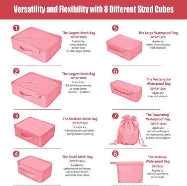 Органайзери для валізи: 8 комплектів, 7 кольорів. Організатори для подорожей, водонепроникні мішки для взуття, компресійні мішки. (Персиковий рожевий)
