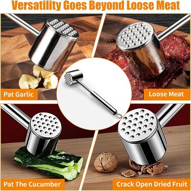 Молоток для м'яса з нержавіючої сталі 304 з гачком, двосторонній багатофункціональний відбійник для стейків, курки та свинини, 22 см, сріблястий