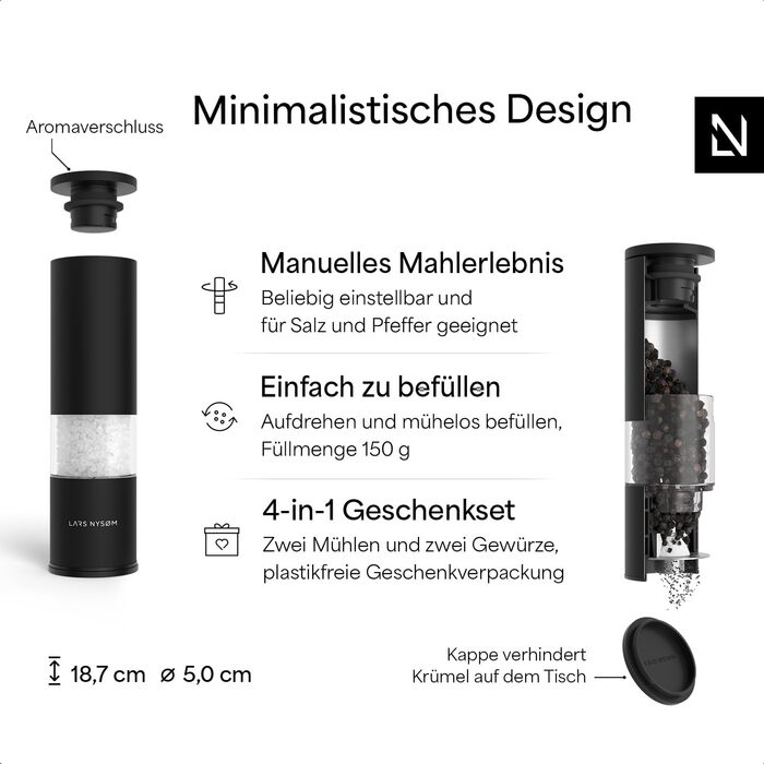 Набір для солі та перцю Lars Nysøm ручний з регульованим керамічним жорном | Набір з 2 шт. | Нержавіюча сталь | Дизайн