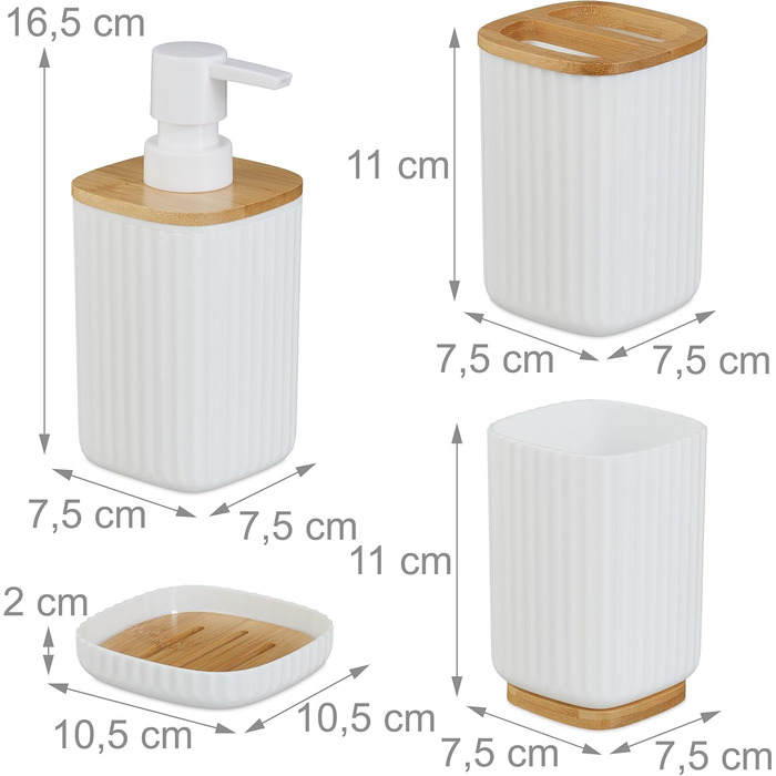 Набір для ванної кімнати Relaxdays, 6 предметів: аксесуари для ванної з пластику та бамбуку, повний комплект, білий/натуральний