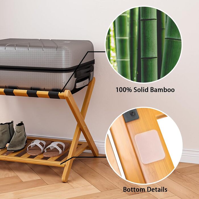 Fully assembled bamboo luggage rack with 5 straps, 2-tier foldable suitcase stand, wide wooden luggage rack, foldable luggage shelves, ideal for guest rooms, bedrooms, hotels