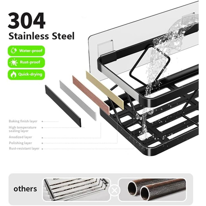 Полиця для душу без свердління, чорна, 2 шт. - полиці для душу з нержавіючої сталі, 5 гачків та 2 тримачі для зубних щіток, самоклеюча органайзер для ванної кімнати, кухні, вантажопідйомність 16 кг