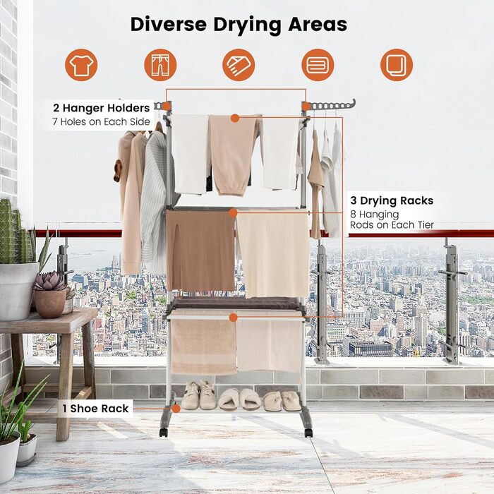 Сушарка для білизни HOMASIS з 4 рівнями, розкладна, на коліщатках та з боковими крилами, 127x63x171 см, сіра