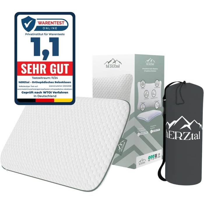 HERZtal Travel Pillow – Ergonomic Neck Support Pillow for Travel, Compact and Comfortable Pillow for Airplane, Car, and Office – Includes Carrying Bag
